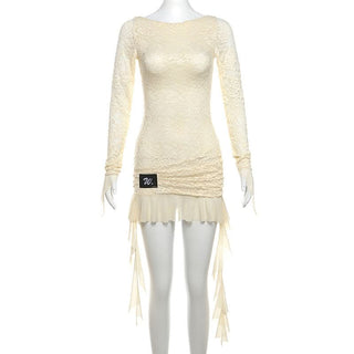 Long sleeve lace up lace ruffle mini dress