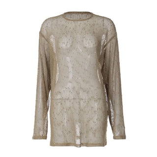 Long sleeve crewneck hollow out see through cut out top