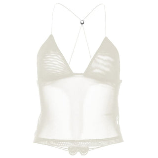 Sheer mesh butterfly applique see through backless solid top
