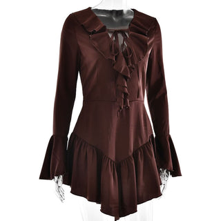 Long flared sleeve satin self tie ruffle ruched mini dress