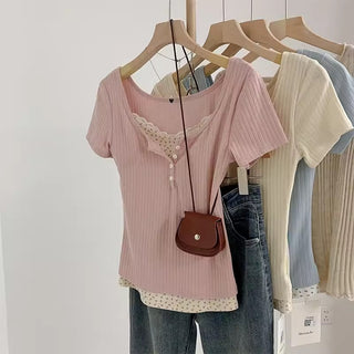 Fake two-piece lace short-sleeved top