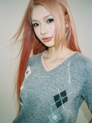 [Moromoro2] Argyle Short-sleeve Sweater