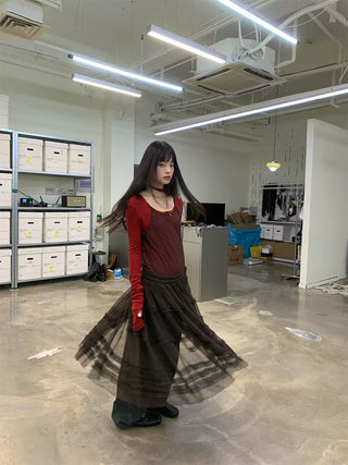 [NeverSeez] Pleated Layered Mesh Cami Dress