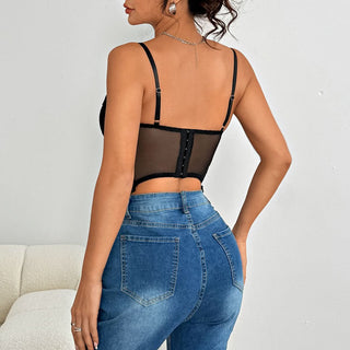 Deep V neck button backless solid cami top