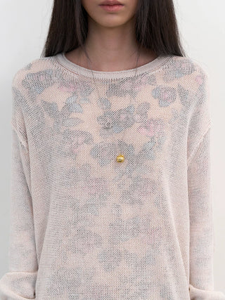 [NeverSeez] Rose Print Mesh Long Sleeve Top