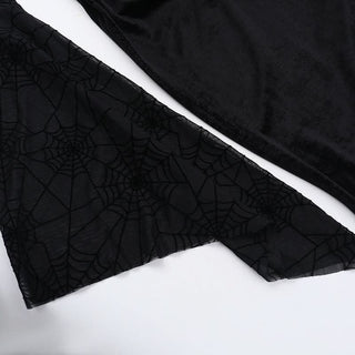 Long flared sleeve spider web slit velvet ruched maxi dress