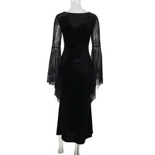 Long flared sleeve spider web slit velvet ruched maxi dress