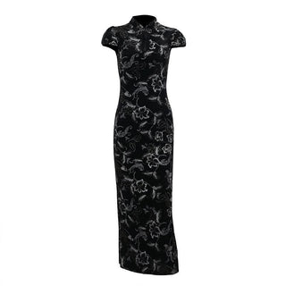 Cap sleeve flower pattern velvet button maxi dress