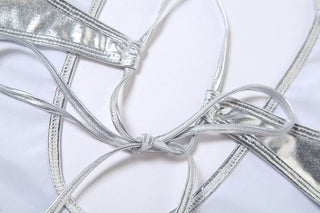 Cross front metallic backless bodysuit