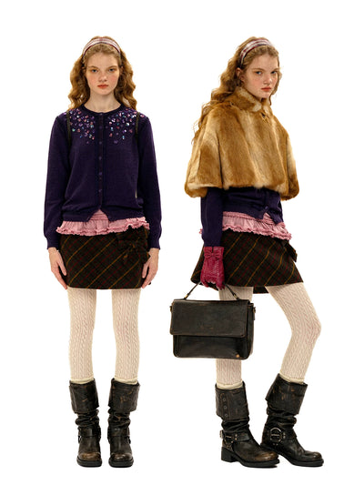 [Moromoro2] Double Bow Plaid Wool Blend  Skirt