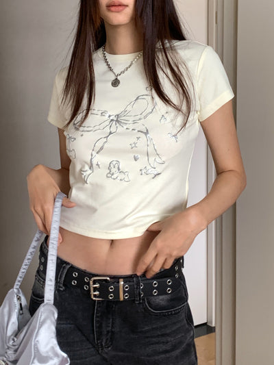 silver bow print crop t-shirt