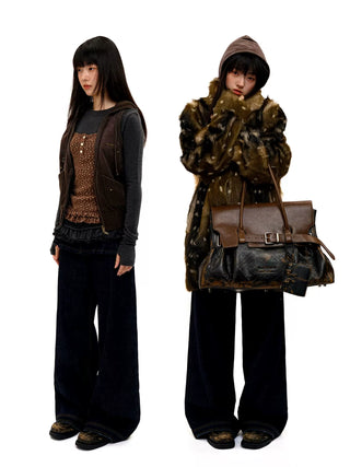 [Moromoro2] Distressed Pleated Skirt Hem Denim  Pants