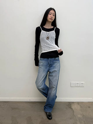 [NeverSeez] Whiskered Washed Straight Tapered Jeans