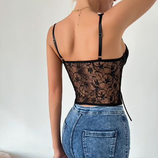 Lace v neck ribbon self tie backless cami top