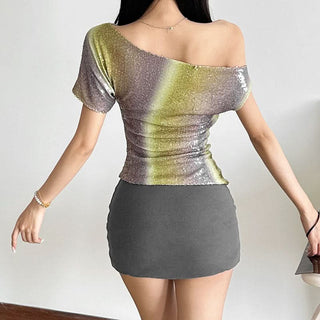 One shoulder glitter contrast top
