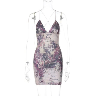 Cross back v neck spaghetti strap print mini dress