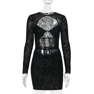 Long sleeve hollow out lace button cut out mini dress