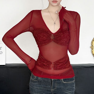 V neck long sleeve o ring lace mesh top