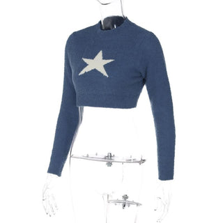 Long sleeve crewneck star pattern contrast crop top
