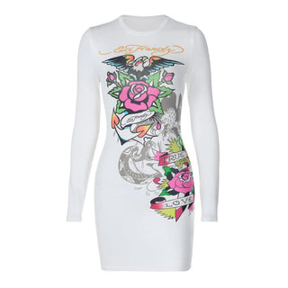 Crewneck long sleeve flower print mini dress