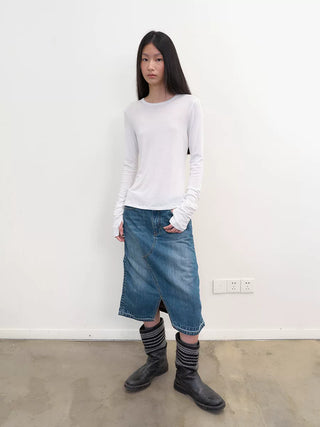 [NeverSeez] Pleated Fishtail Denim Skirt