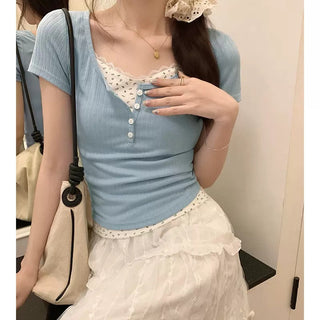 Fake two-piece lace short-sleeved top