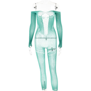 Off shoulder long sleeve beaded hollow out jumpsuit