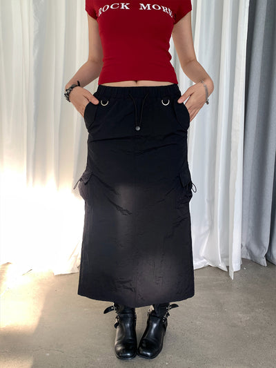 back slit drawstring cargo long skirt