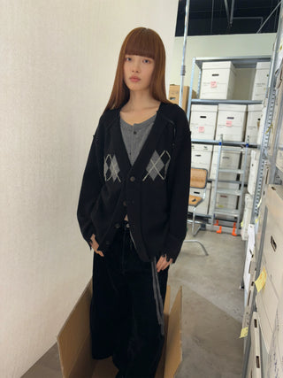 [NeverSeez] Argyle Layered Knit Cardigan