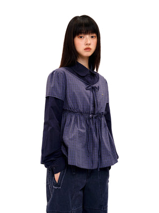 [Moromoro] Faux Two-piece Plaid Ruffled  Shirt
