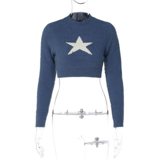 Long sleeve crewneck star pattern contrast crop top