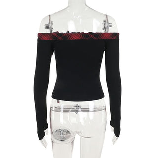 Off shoulder long sleeve plaid star pattern top