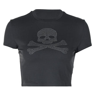 Short sleeve crewneck beaded skull pattern top