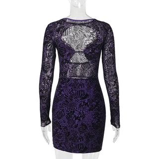 Long sleeve hollow out lace button cut out mini dress