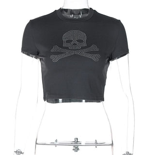 Short sleeve crewneck beaded skull pattern top