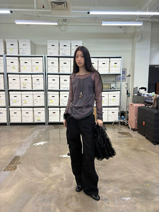 [NEVERSEEZ] Semi-sheer Ruched Mesh Top