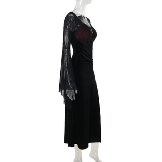 Long flared sleeve spider web slit velvet ruched maxi dress