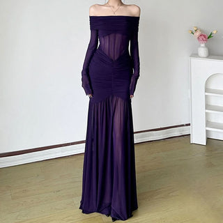 Long sleeve off shoulder mesh corset maxi dress