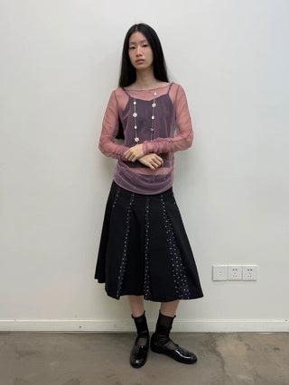 [NEVERSEEZ] Semi-sheer Ruched Mesh Top