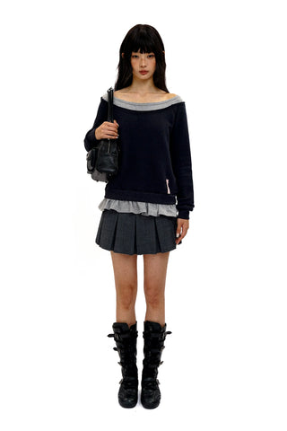 [Moromoro2] Faux Two-piece Off-shoulder Ruffle  Sweatshirt