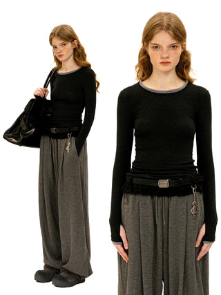 [Moromoro2] Layered Contrast Neckline Knit  Top