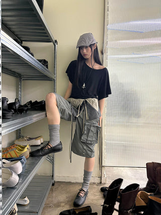 [NeverSeez] Washed Wrinkled Utility Shorts