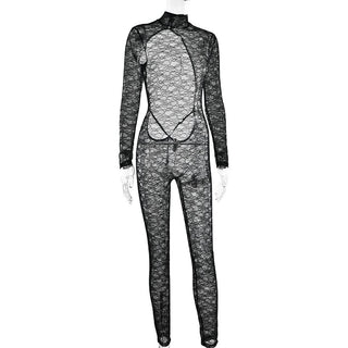 High neck long sleeve lace backless jumpsuit
