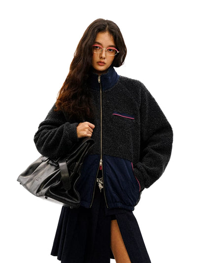 [Moromoro] Sherpa Fleece Color Block Stand Collar  Jacket