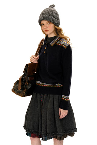 [Moromoro2] Fair Isle Polo Collar Loose  Sweater