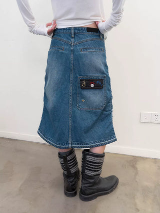 [NeverSeez] Pleated Fishtail Denim Skirt