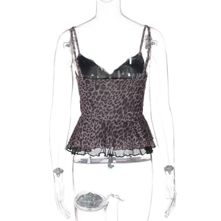 Leopard print mesh v neck lace hem cami top