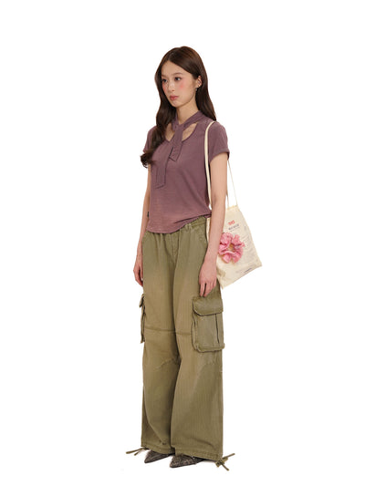 [moromoro2] Striped Scarf Short Sleeve Top