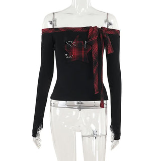 Off shoulder long sleeve plaid star pattern top