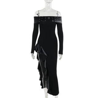 Off shoulder long sleeve PU leather slit ruffle maxi dress